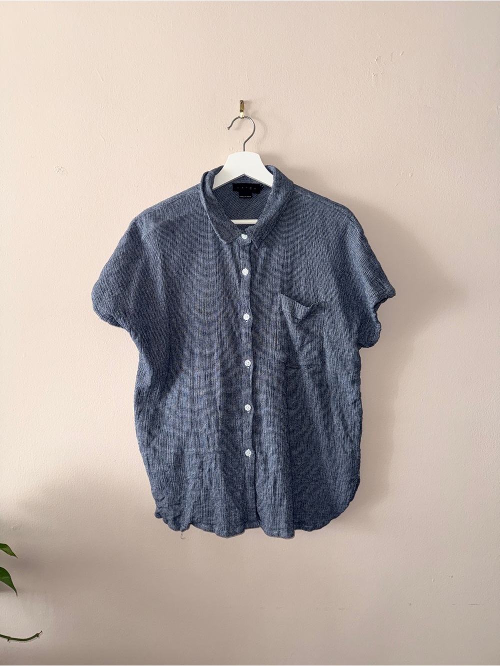 Hatch Double Gauze Blue and White Checkered Maternity Short Sleeve Botton Shirt